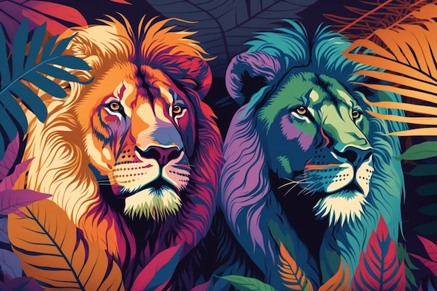 Gay lion couple in the jungle LGBT representation Created with Generative Al technology