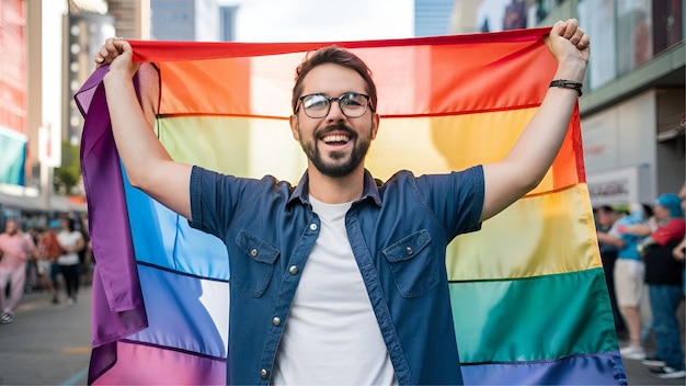 Gay man celebrates with rainbow flag at city pride party