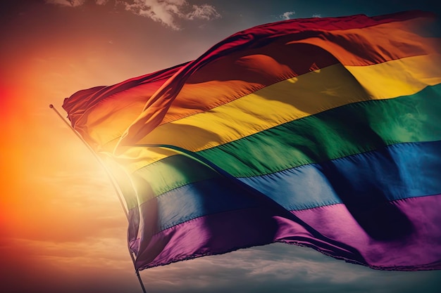 Gay pride rainbow flag fluttering backlit in bright sunny sky AIGenerated