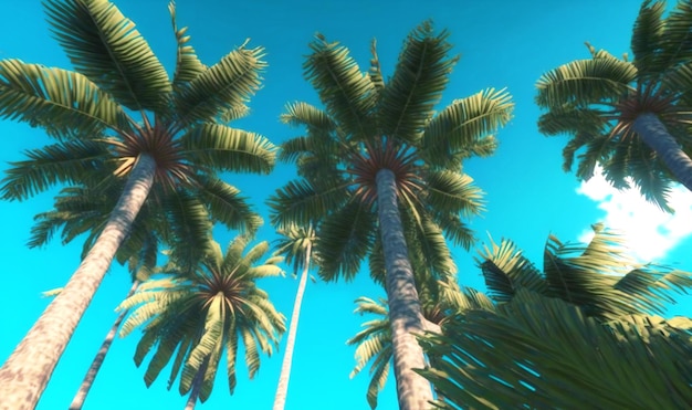 Gaze up at the towering palm trees against a vintage blue sky transporting yourself to a tranquil tropical beach paradise