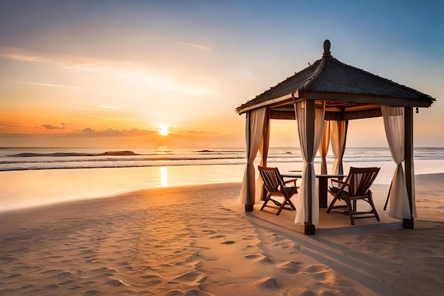 Gazebo on the beach with the sunset