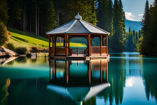 A gazebo on a lake with a snowy mountain in the background