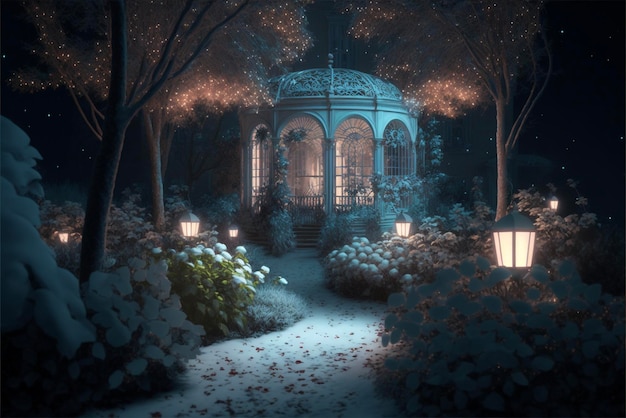 Gazebo sitting in the middle of a snow covered park generative ai