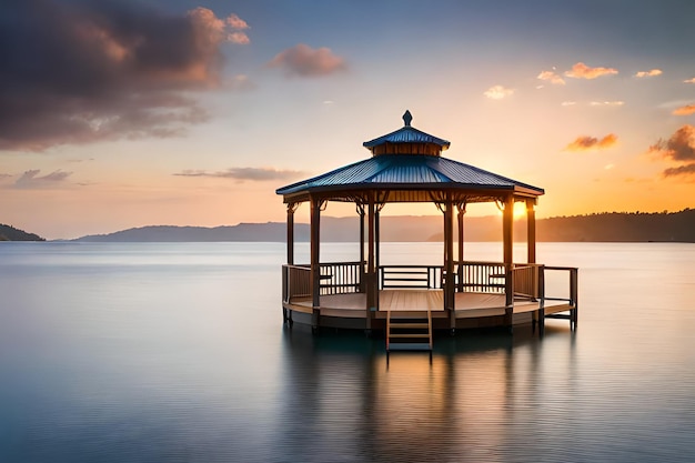 Gazebo on the water at sunset with a beautiful sunset in the background