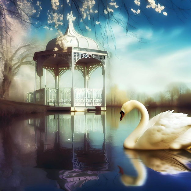 Gazebo and white swan at the lake reflection in the water