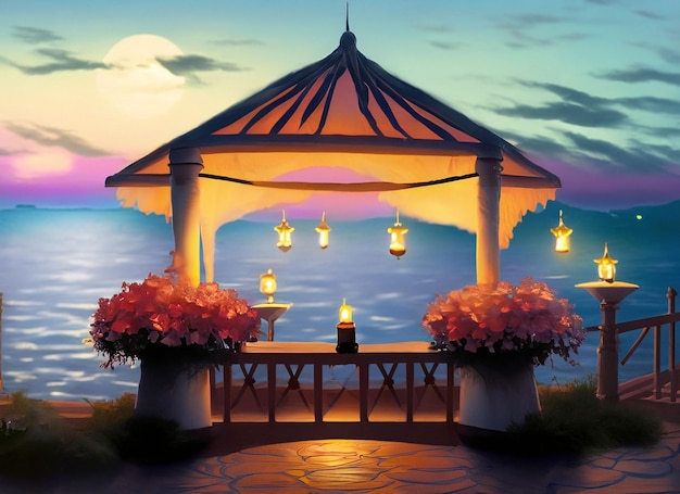 A gazebo with a lot of lights on it