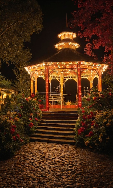 a gazebo with a red roof and a large tree in the background