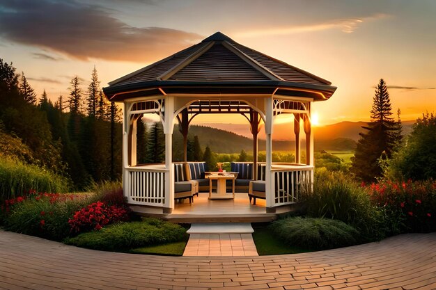 A gazebo with a view of a sunset