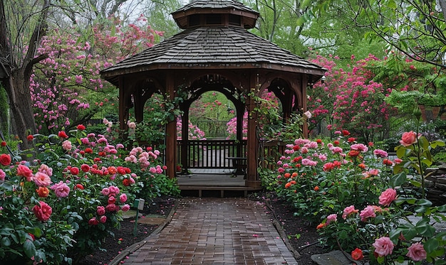 a gazebo with a wooden gazebo in the middle of it