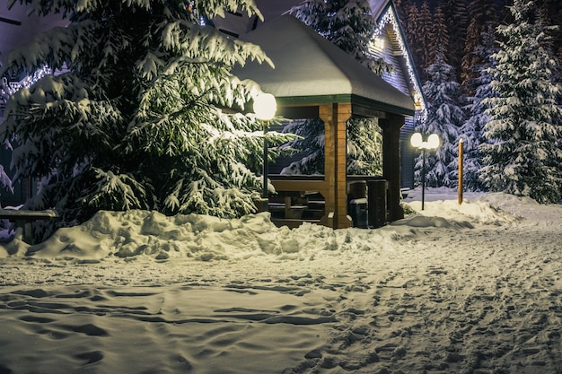 Gazebo wooden house and Christmas trees in the snow at night