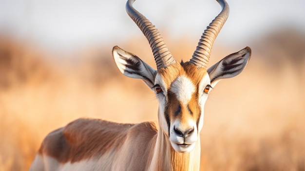 a gazelle with long horns standing in a field