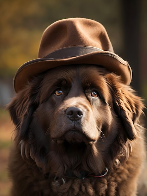 Gazing Down into the Face of a Brown Newfoundland Dog with a Hat