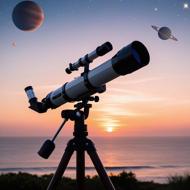 Photo gazing into the stars telescope by the ocean at sunset