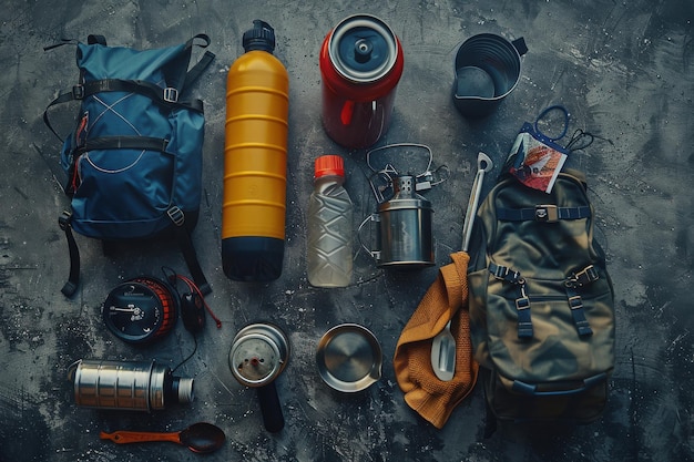 Photo gear laid out for an adventurous day in the great outdoors showcasing essential items