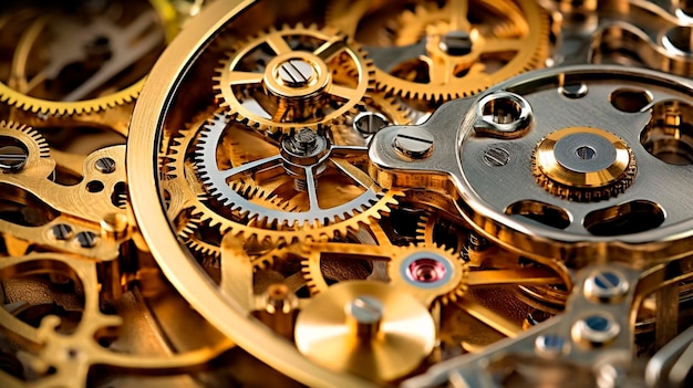 Gears and cogs in clockwork watch mechanism Generative AI