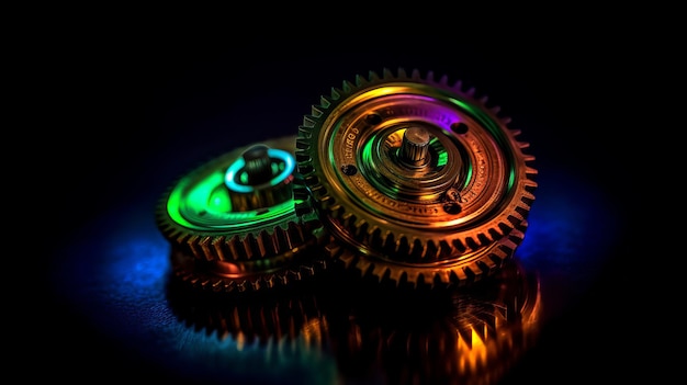 Gears in the hook mechanism on a black background highlighted Generative AI