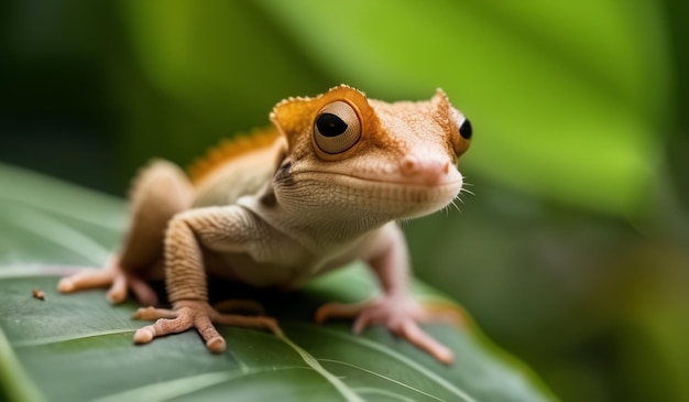 a gecko on a leaf with a green background