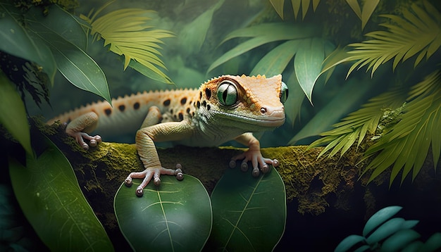 A gecko sits on a branch in a jungle.