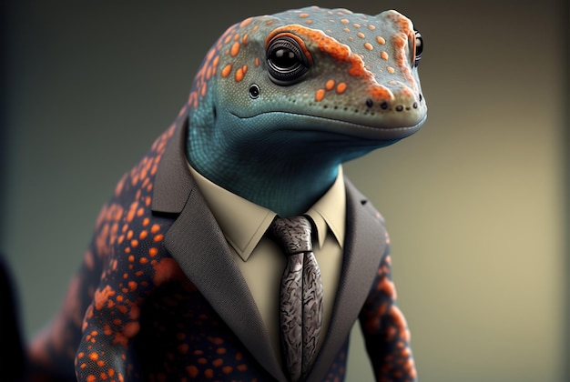 A gecko in a suit with a tie.