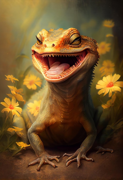 A gecko with a big tongue is sitting in a flowery garden.