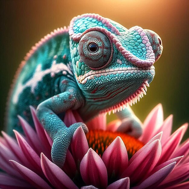 a gecko with a blue head and a pink flower in the background