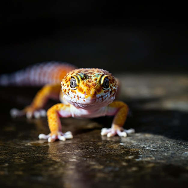 a gecko with a red shirt on its face is on a stone surface