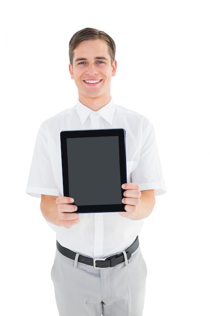 Geeky businessman showing his tablet pc