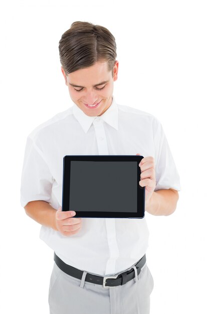 Geeky businessman showing his tablet pc