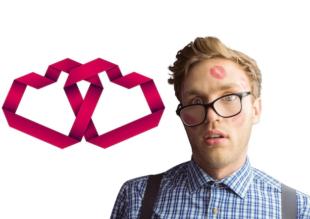 Photo geeky hipster covered in kisses against linking hearts