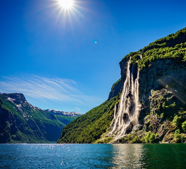 Geiranger fjord, waterfall Seven Sisters. Beautiful Nature Norway natural landscape.