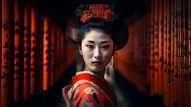 A geisha in front of a red door