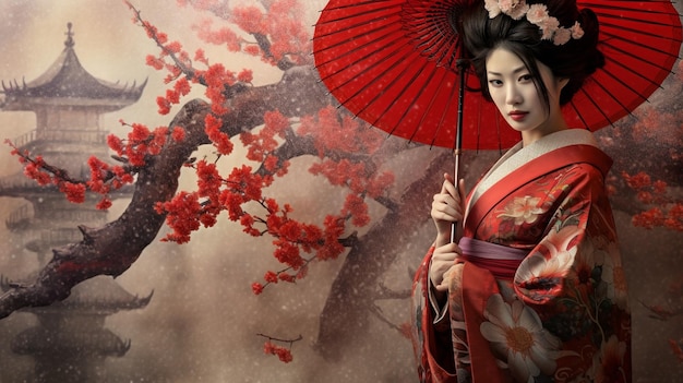 geisha in Japan with cherry tree and umbrella Generative ai