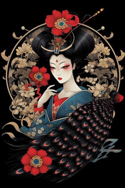 geisha peacock 1950 illustration vector art black background