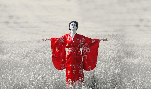 Geisha in red kimono in the field