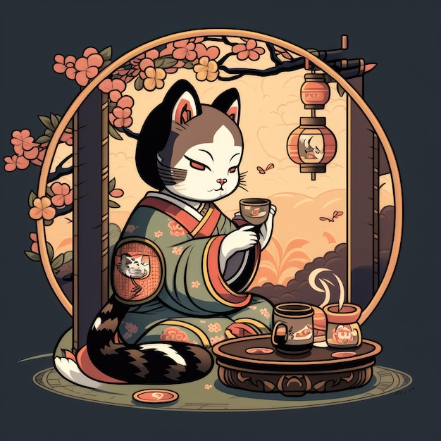 Geisha at tea ceremony cat in asian garden china house ai generated illustration Chibi kitten at oriental cloth chinese cat with sakura flowers Asian animal in kimono teapot on wooden board