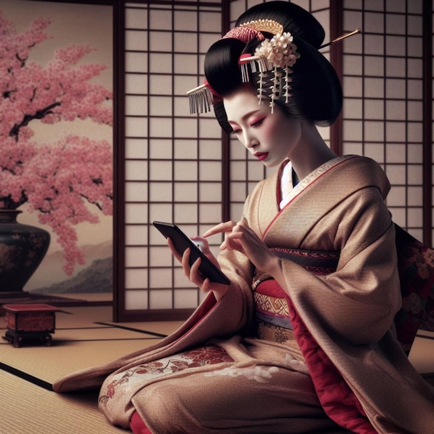 Geisha typing on smartphone