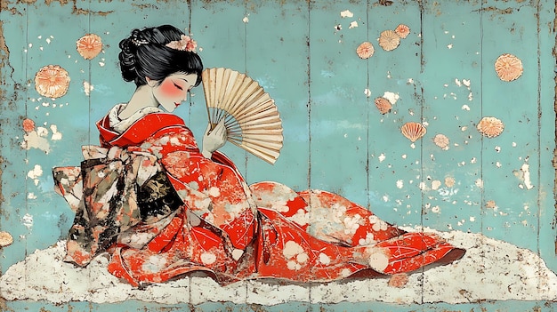 Photo geisha with fan on worn wooden wall