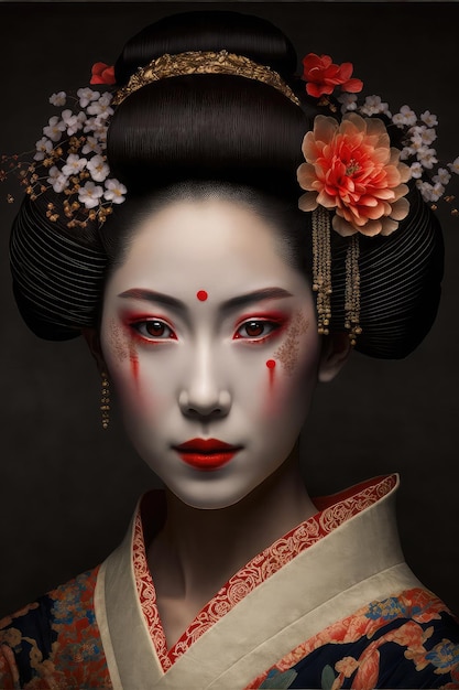 A geisha with red eyes and a red flower on her face