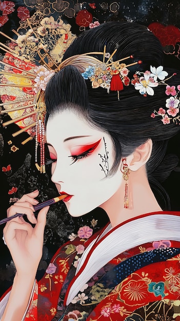 Photo geisha with traditional japanese makeup and kimono