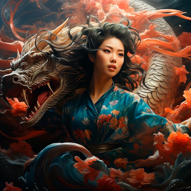 A geisha woman on a flying dragon breathing fire