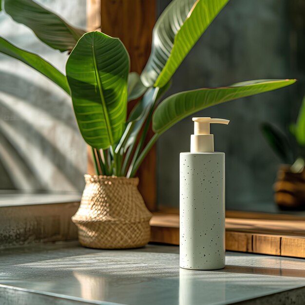 A gel hand lotion bottle is sitting on a shelf beside planters