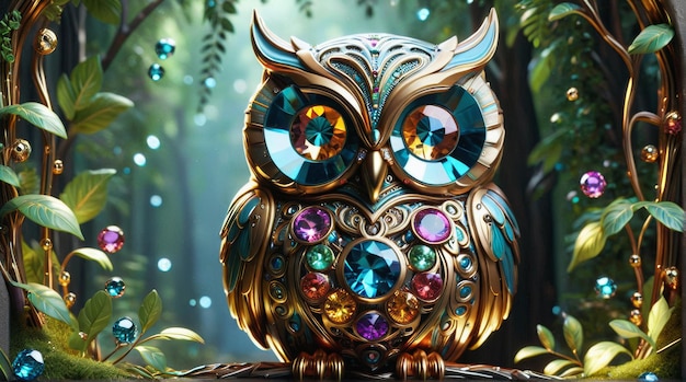 GemEncrusted Mechanical Owl in Enchanted Forest