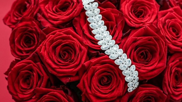 Gemstone jewellery wedding fashion and luxe shopping concept  luxury diamond bracelet and bouquet of red roses jewelry love gift on valentines day and romantic holidays present