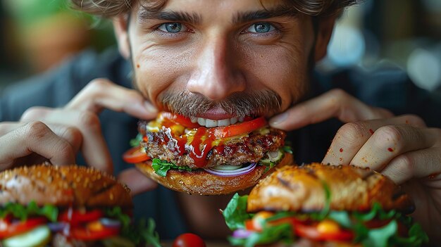 Photo gen z guy enjoying a burger with a deliciously messy eating experience