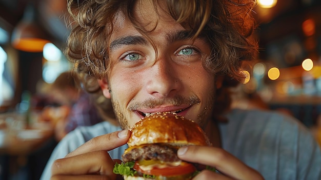 Photo gen z guy enjoying a burger with a deliciously messy eating experience