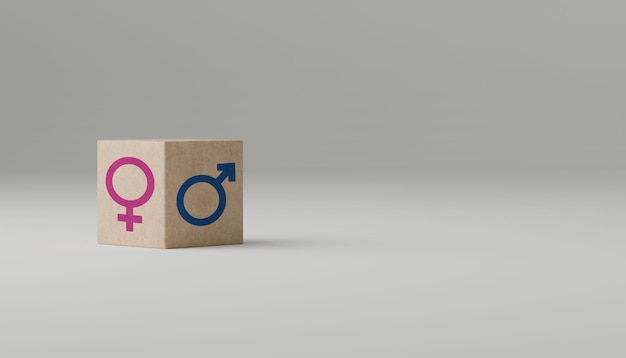 Gender difference identity and equality concept Male and female gender symbols on wooden cube copy space