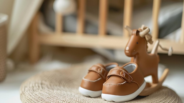 Photo gender neutral baby shoes rocking horse and teether organic newborn fashion branding generative ai