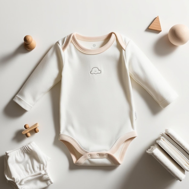 Photo gender neutral blank white baby bodysuit flat lay mockup baby clothing mock up styled stock photography