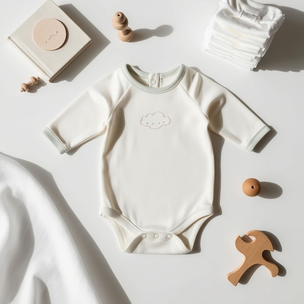 Photo gender neutral blank white baby bodysuit flat lay mockup baby clothing mock up styled stock photography