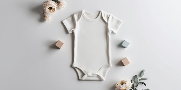 Photo gender neutral blank white baby bodysuit flat lay mockup baby clothing mock up styled stock photography